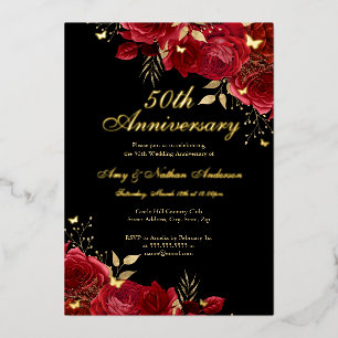 Invitation En Aluminium Floral Gold Red 50e anniversaire Mariage