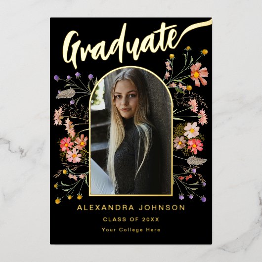 Invitation En Aluminium Floral Gradrate Photo Graduation Party Script Gold (Recto)