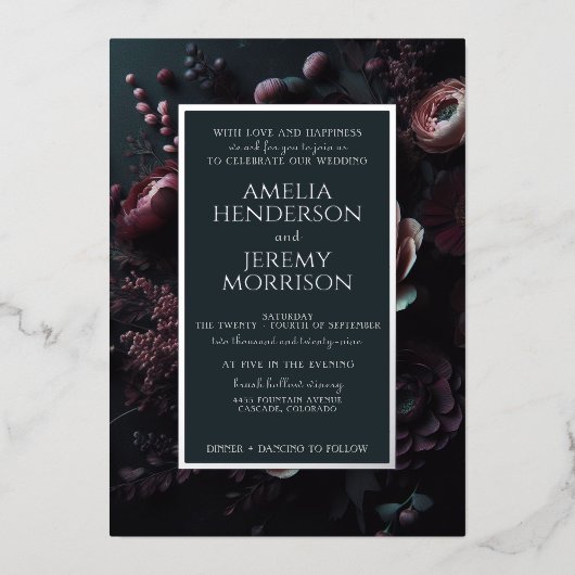 Invitation En Aluminium Floral Moody foncé avec détails (Recto)