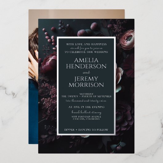 Invitation En Aluminium Floral Moody foncé avec photo (Recto/Verso)
