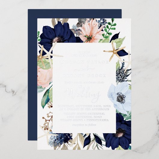 Invitation En Aluminium Floral nautique moderne | Mariage Silver Foil (Recto/Verso)