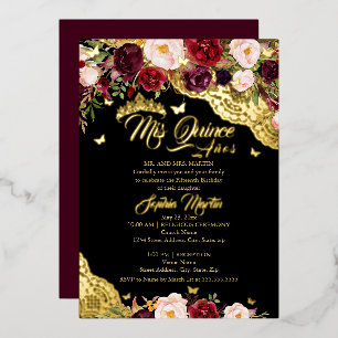 Invitation En Aluminium Floral Or Bourgogne papillon dentelle Quinceanera