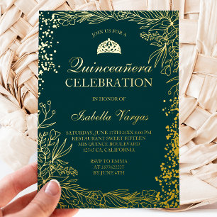 Invitation En Aluminium Floral or vert émeraude Tiara chic Quinceanera