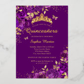 Invitation En Aluminium Floral Papillon pourpre Gold Quinceanera (Recto)