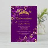 Invitation En Aluminium Floral Papillon pourpre Gold Quinceanera (Debout devant)