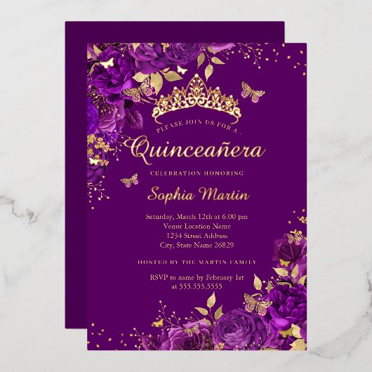 Invitation En Aluminium Floral Papillon pourpre Gold Quinceanera (Recto/Verso)