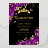Invitation En Aluminium Floral Papillon violet Or Élégant Quinceanera