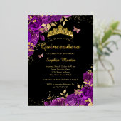 Invitation En Aluminium Floral Papillon violet Or Élégant Quinceanera