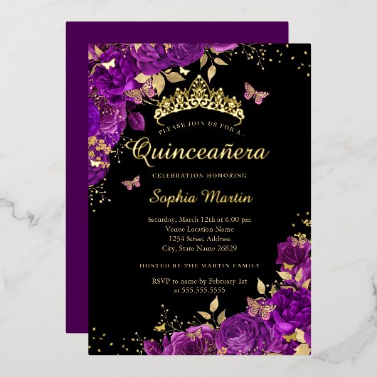 Invitation En Aluminium Floral Papillon violet Or Élégant Quinceanera