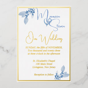 Invitation En Aluminium Floral Pastel Blue Mariage Gold