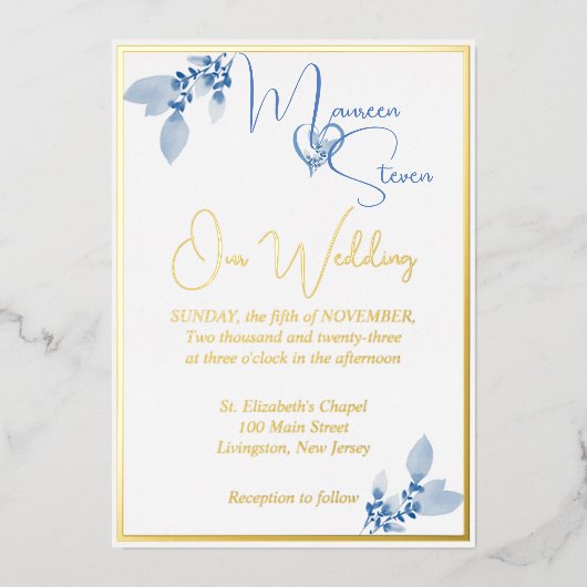 Invitation En Aluminium Floral Pastel Blue Mariage Gold (Recto)