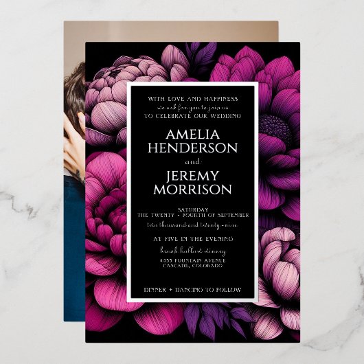 Invitation En Aluminium Floral pourpre gras avec photo (Recto/Verso)