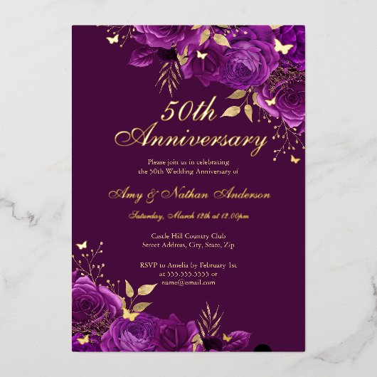 Invitation En Aluminium Floral Purple Gold 50e anniversaire Mariage (Recto)