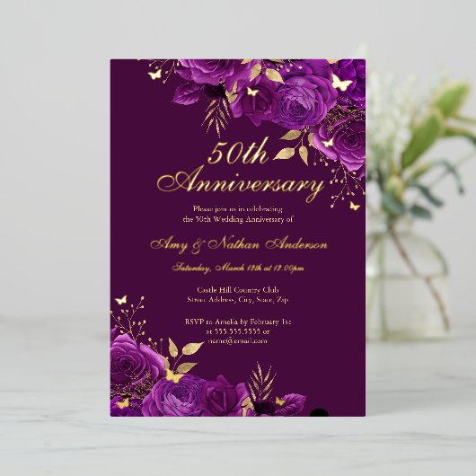 Invitation En Aluminium Floral Purple Gold 50e anniversaire Mariage (Debout devant)
