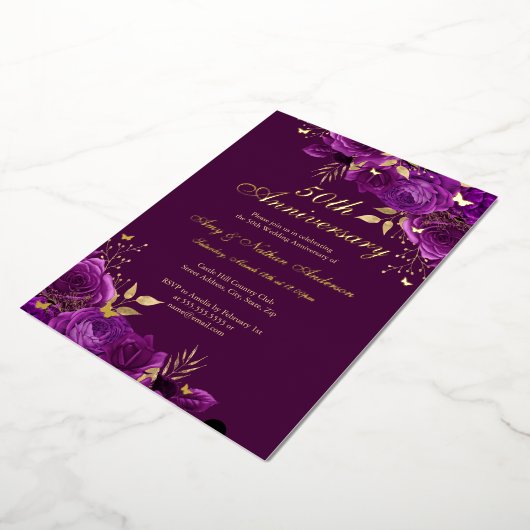 Invitation En Aluminium Floral Purple Gold 50e anniversaire Mariage (Rotation)