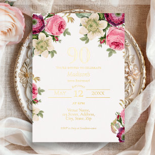Invitation En Aluminium Floral rose   90e Anniversaire Or