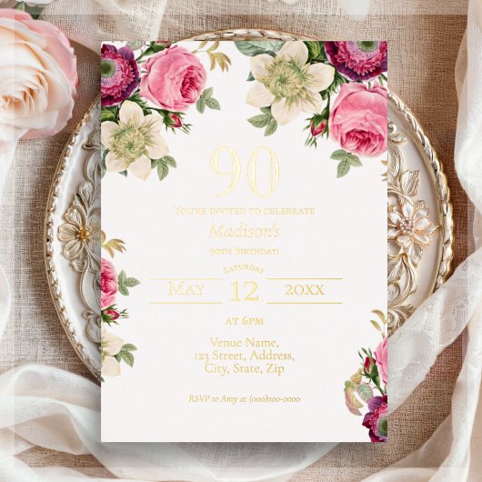 Invitation En Aluminium Floral rose | 90e Anniversaire Or