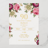 Invitation En Aluminium Floral rose | 90e Anniversaire Or (Recto)
