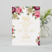 Invitation En Aluminium Floral rose | 90e Anniversaire Or (Debout devant)