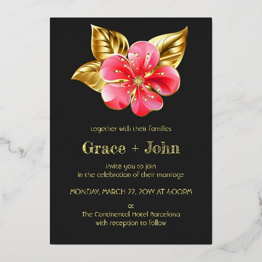 Invitation En Aluminium Floral rose et or (Recto)