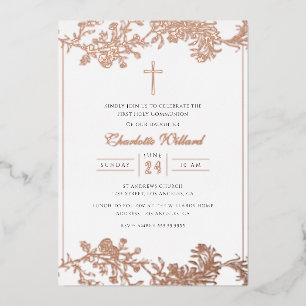 Invitation En Aluminium Floral Rose Gold Cross Girls First Communion Foil