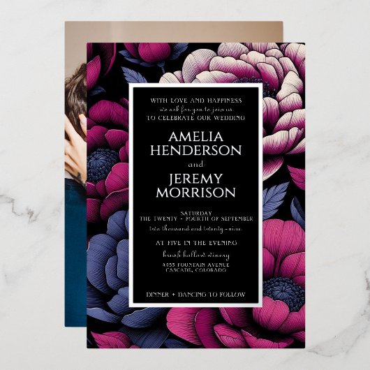 Invitation En Aluminium Floral rose gras avec photo (Recto/Verso)