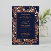 Invitation En Aluminium Floral rose or marine bleu mariage (Debout devant)