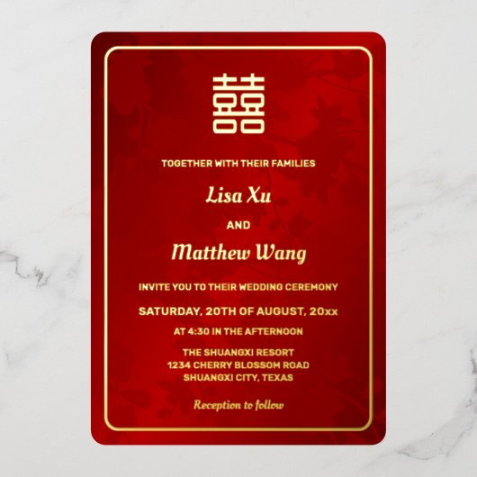 Invitation En Aluminium Floral Rouge or Mariage chinois (Recto)