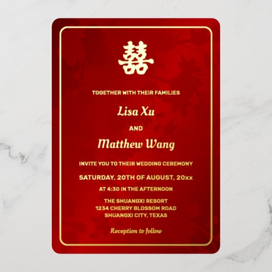 Invitation En Aluminium Floral Rouge or Mariage chinois (Recto)