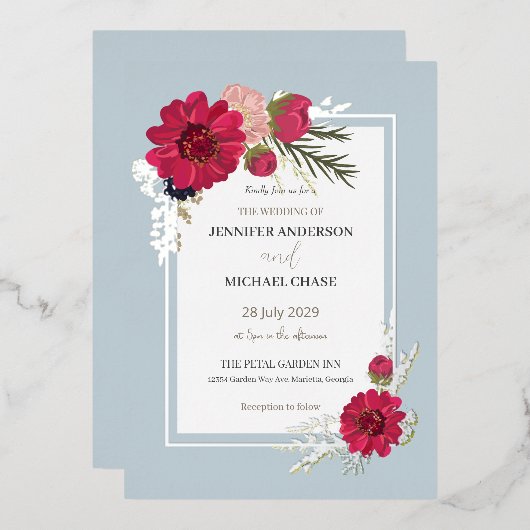 Invitation En Aluminium Floral Rouge Vert Mariage (Recto/Verso)