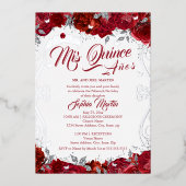 Invitation En Aluminium Floral Ruby Argent Rouge Mis Quince Quinceanera (Recto)
