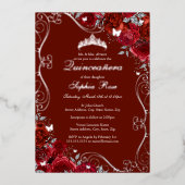 Invitation En Aluminium Floral Swirl Red Silver Butterfly Quinceanera (Recto)