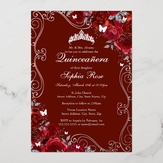 Invitation En Aluminium Floral Swirl Red Silver Butterfly Quinceanera (Recto)