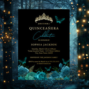 Invitation En Aluminium Floral Turquoise Bleu Papillon Tiara Quinceanera