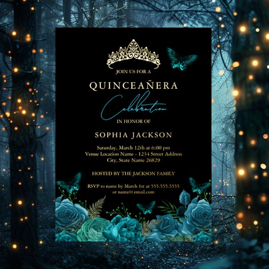 Invitation En Aluminium Floral Turquoise Bleu Papillon Tiara Quinceanera