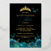 Invitation En Aluminium Floral Turquoise Bleu Papillon Tiara Quinceanera (Recto)