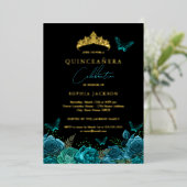 Invitation En Aluminium Floral Turquoise Bleu Papillon Tiara Quinceanera (Debout devant)
