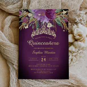 Invitation En Aluminium Floral violet or Améthyste Quinceanera