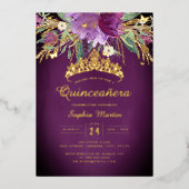 Invitation En Aluminium Floral violet or Améthyste Quinceanera (Recto)