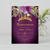 Invitation En Aluminium Floral violet or Améthyste Quinceanera (Debout devant)