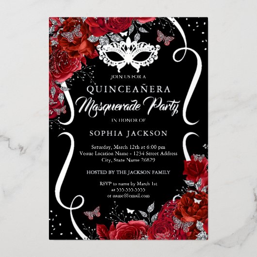 Invitation En Aluminium Flore Argent Rouge Défilé Masquerade Quinceanera (Recto)