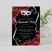 Invitation En Aluminium Flore Argent Rouge Défilé Masquerade Quinceanera (Debout devant)