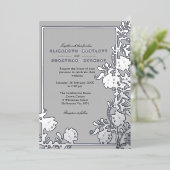 Invitation En Aluminium Flore d'argent et gris élégant (Debout devant)