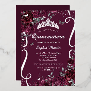 Invitation En Aluminium Flore Élégant Défilement Bourgogne Quinceanera