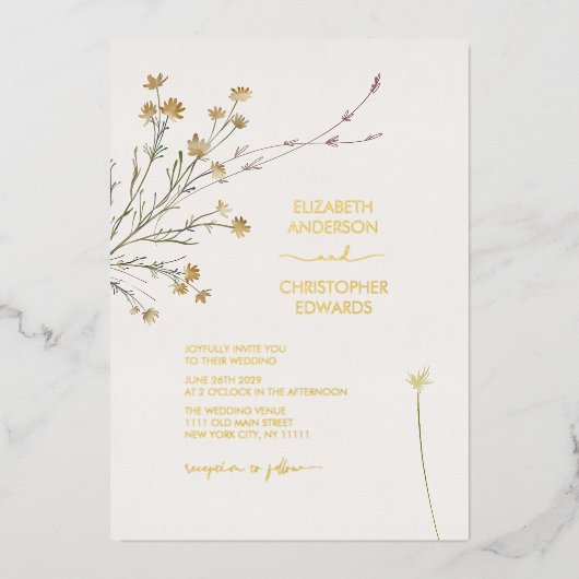 Invitation En Aluminium Flore Fleur sauvage minimale or Mariage simple (Recto)