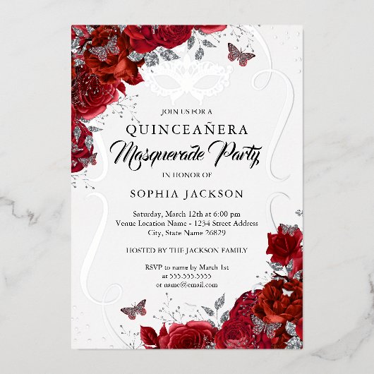 Invitation En Aluminium Flore rouge Argent Scroll Masquerade Quinceanera (Recto)
