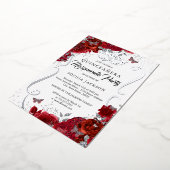Invitation En Aluminium Flore rouge Argent Scroll Masquerade Quinceanera (Rotation)