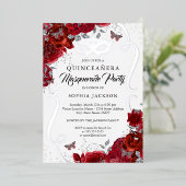 Invitation En Aluminium Flore rouge Argent Scroll Masquerade Quinceanera (Debout devant)