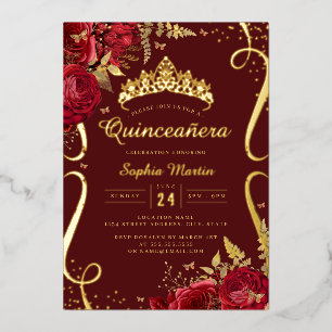 Invitation En Aluminium Flore rouge Élégant Défilement Quinceanera