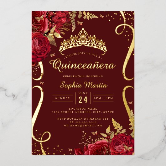 Invitation En Aluminium Flore rouge Élégant Défilement Quinceanera (Recto)